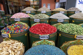 Sales stand selling spices and herbs at a market in Marrakech, historic old town, Medina, UNESCO