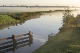 Westerende, foggy morning, lowlands, Ems-Jade Canal, East Frisia, Germany