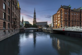 St. Katharinen's main church at the blue hour, Speicherstadt, Hamburg, Germany