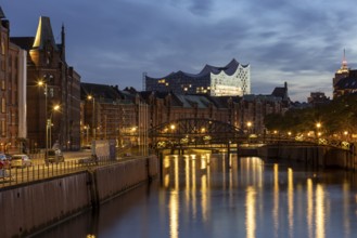View from Speicherstadt to the Elbe Philharmonic Hall at the blue hour, Hamburg, Germany