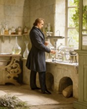 Justus Freiherr von Liebig, German chemist and scientist, digitally edited, in his laboratory at