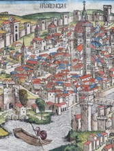 Old town of Florence or Florencia with river Arno, Florence Cathedral or Duomo di Firenze, colored