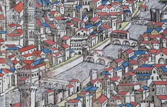 Old town of Florence or Florencia with river Arno, colored woodcut from: Nuremberg Chronicle or