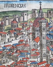 Old Town of Florence or Florencia, Florence Cathedral or Duomo di Firenze, colored woodcut from: