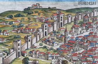 City wall of Florence or Florencia, colored woodcut from: Nuremberg Chronicle or Schedel's World