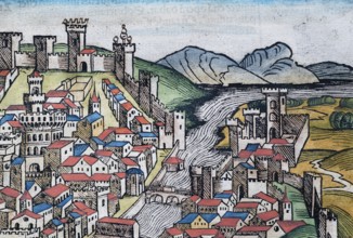 Detail of the old town of Florence or Florencia with the river Arno, colored woodcut from: