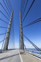 Roadway on the Öresund Bridge, Øresundsbrön, world's longest cable car bridge, connecting