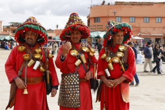 Traditional water sellers on Djemaa el Fna, Hanged Square, Gauklerplatz, Marrakech, historic old