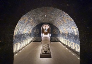 Entrance to the episcopal crypt, grave slab with relics of Bishop Meinwerk, crypt, Paderborn