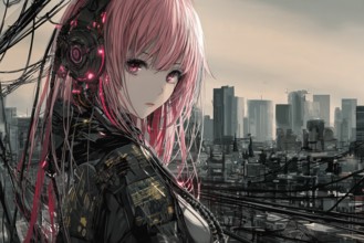 Cyberpunk anime girl with pink hair, glowing eyes and headphones in front of a city skyline, AI