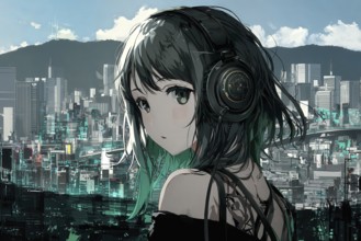 Cute Japanese anime girl with black hair in front of a city skyline, AI generated