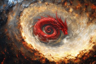 Mythic red dragon emerging from a cosmic fire spiral, AI generated