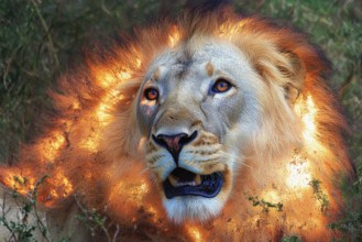 Lion's head with ablaze mane, AI generated