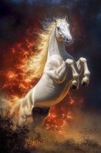 Large majestic rearing Camargue white horse with ablaze mane, AI generated