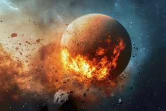 Imaginary planet burning in space after a collision with a giant comet, AI generated