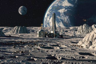 Lunar base with the Earth behind, AI generated