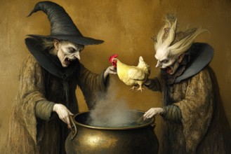 Two horrible witches preparing a chicken to be boiled in a cauldron, AI generated