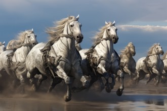 Harnessed white horses running wild in water, AI generated