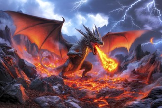 Ferocious fire breathing dragon with open wings, claws and fangs over a lava flow in a mountainous