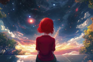Anime girl with red hair captivated by the vision of a universe full of planets and stars, AI