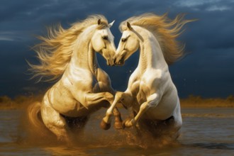 Two white horse stallions with flamboyant mane flighting in the water, AI generated
