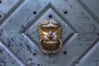 Lion's head as a door knocker at a historic entrance gate, Krakow, Poland
