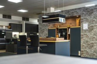 Modern kitchen with brick wall, dark cabinets and stylish lighting