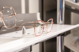 Elegant rose gold glasses presented on a modern shelf, optician, Pforzheim