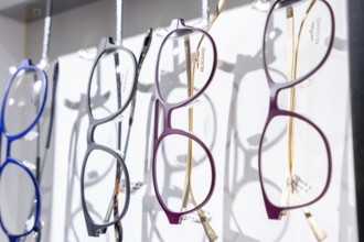 Colourful glasses in various modern designs on a hanger, optician, Pforzheim