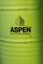 Close-up of Aspen 52.8 gallon gas fuel drum for professionals for filling up small 2 stroke engine