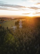 Panorama with observation tower in the middle of a forest at sunset, observation tower Himmelsglück