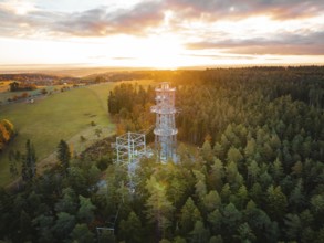 A tower towers over the thick forests at dusk, Himmelsglück observation tower with Flying Fox,