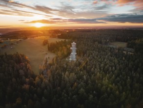 Extensive view of forest and landscape at sunset, Himmelsglück observation tower with Flying Fox,