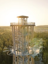 Sunbeams from an observation tower standing over a dense forest shine through the metal structure,