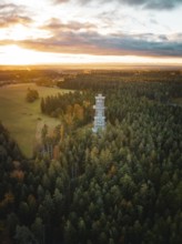 Observation tower in the middle of a dense forest at sunset, Himmelsglück observation tower with