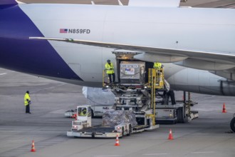 FedEx Boeing 777-FS2 cargo plane is unloaded, air freight container, air freight center at