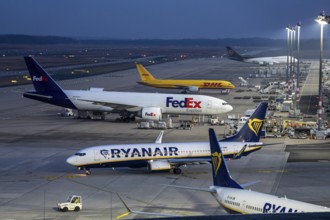 Air freight center, FedEx Boeing 777-FS2, DHL aircraft, UPS Boeing 747, jumbo jet, cargo aircraft,