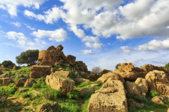 Rubble field, destruction, ruins, temple of Olympian Zeus with display board, Telamon, Cumulus,