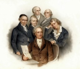 Portraits of six German poets: Johann Wolfgang von Goethe, Friedrich Schiller, Christoph Martin