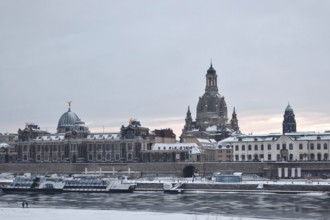 View of Church of Our Lady Dresden in winter, Elbe with ice, long exposure, Saxony, Germany