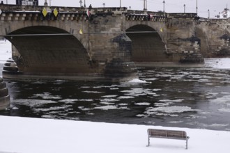 Dresden in winter, Elbe with ice floes, Saxony, Germany