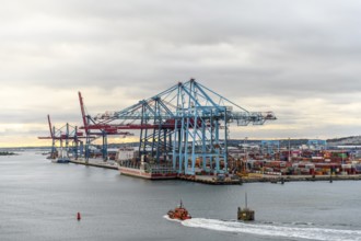 Container port with huge cranes and lots of colorful containers on the water, Stena Line