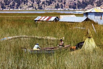 Children in a boat on a vast sea of reeds surrounded by huts in a rural setting, The floating reed