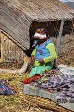 Woman in colorful traditional clothing in front of a reed hut with handmade objects, The floating
