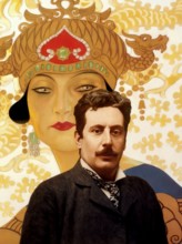 Portrait of Giacomo Puccini, digitally edited according to a photograph, promotional poster for