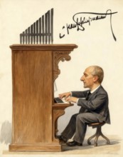 Anton Bruckner playing organ, Silhouette print by Hans Schließmann, digitally edited