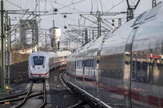 Trains on the line, platform tracks in front of Cologne-Messe/Deutz station, ICE long-distance