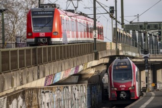 Trains on the line, platform tracks in front of Cologne-Messe/Deutz station, regional trains, North