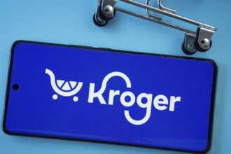Dhaka, Bangladesh- 03 July 2025: Smartphone screen showing the Kroger logo with shopping cart