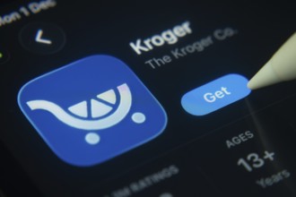 Dhaka, Bangladesh- 01 Dec 2025: A close-up of the Kroger app icon in the App Store on an iPad